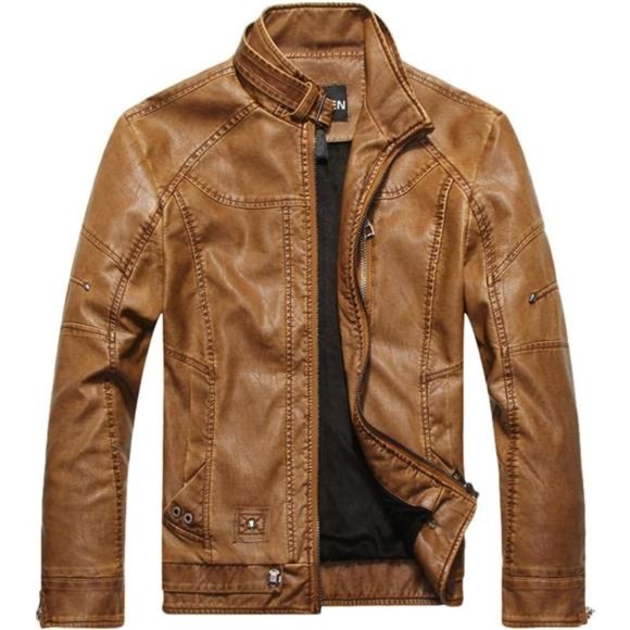 Men's Vintage Stand Collar Pu Leather Jacket Brown